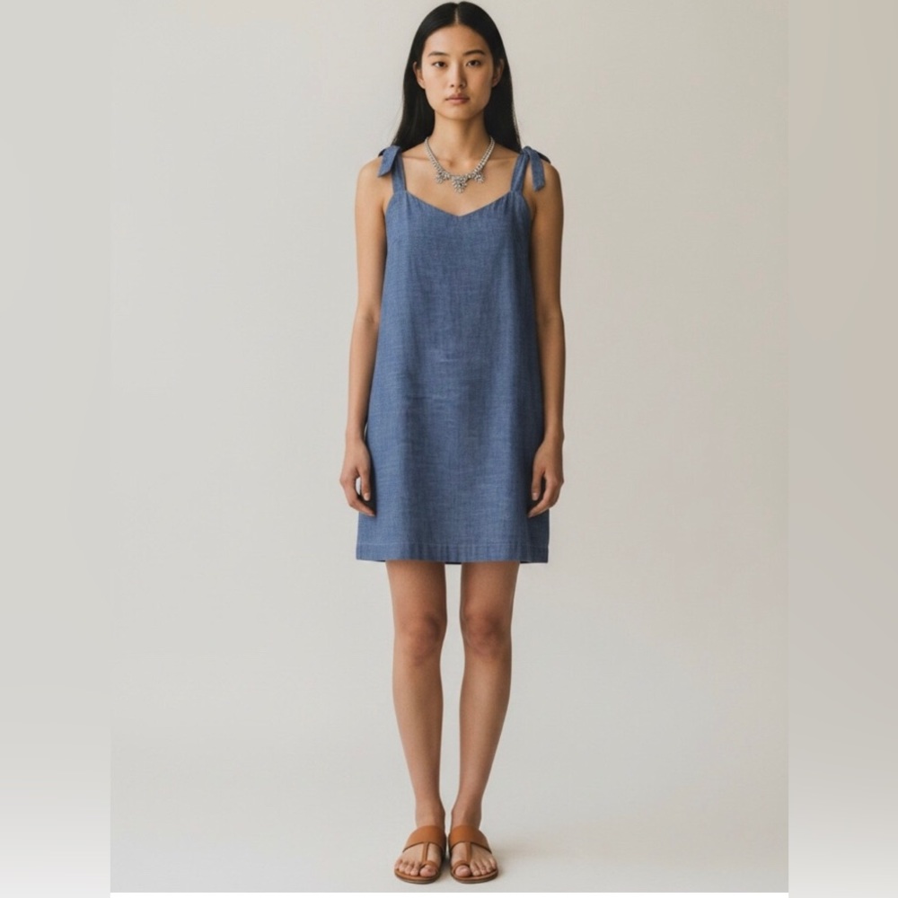 J. Crew Chambray Tie-Shoulder Midi Dress in Light Blue